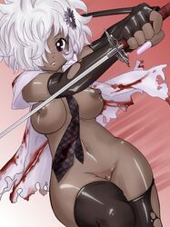 black blood blood_stain bloody_clothes breasts brown_nipples brown_skin color dark-skinned_female dark_skin female female_only front_view ganguro gloves hair katana looking_at_viewer nail_polish necktie no_more_heroes nurugamer-kouyouju pussy red_blood school_uniform shinobu_jacobs short_hair solo stained_clothes suda_51 sword thighhighs tie torn_clothes uncensored underhand_grip vulva weapon white_hair rating:Explicit score:34 user:bot