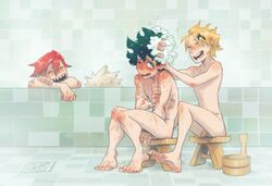 4boys barefoot bath bathhouse bathing bathing_together bathroom bathtub blonde_hair blush blushing completely_nude denki_kaminari eijirou_kirishima embarrassed feet freckles gay green_eyes izuku_midoriya katsuki_bakugou laughing male male/male male_only my_hero_academia nude nude_male red_hair relaxed relaxing scar scars scars_all_over sharp_teeth sitting syblatortue toenails toes washing washing_another washing_hair yaoi yellow_hair rating:Questionable score:78 user:notNPC