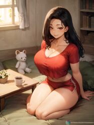 1girls ai_assisted ai_generated asymmetrical_bangs asymmetrical_hair black_hair brown_eyes cleavage clothed_female erotic_nansensu female female_only indoors kneeling large_breasts long_hair midriff momo_yaoyorozu my_hero_academia plushie red_clothing short_shorts short_sleeves smile solo stable_diffusion t-shirt thick_thighs thighs wariza yaoyorozu_momo rating:Explicit score:420 user:donkeyskin