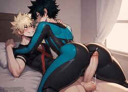 2boys ai_generated ass bakudeku bedroom big_ass big_butt big_penis bkdk buttjob buttjob_over_clothes cuddling deku erection femboy foreplay gay green_eyes green_hair hero_outfit_(mha) heroine huge_cock imminent_sex izuku_midoriya katsuki_bakugou males_only my_hero_academia on_bed otoko_no_ko precum precum_drip puffyart rubbing smirk teeth tight_clothing yaoi yellow_hair rating:Explicit score:239 user:PuffyArt