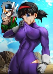 1boy 1girls abs after_battle black_hair blue_eyes bodysuit breasts cameltoe clothing dragon_ball dragon_ball_z elitenappa female gloves human male muscular muscular_male saiyan son_gohan thick_thighs tight_clothing toned toned_female torn_clothes videl videl_(dragon_ball_super) wide_hips rating:Questionable score:158 user:Rex_Hollins