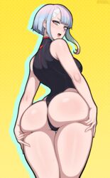 1girls afrobull ass ass_focus ass_grab breasts cyberpunk:_edgerunners cyberpunk_2077 dat_ass female highleg_leotard huge_ass leotard light_skin looking_back lucyna_kushinada solo standing thick_thighs rating:Questionable score:390 user:Aeolus_HX