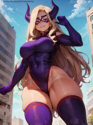 1girls ai_assisted ai_generated big_breasts blonde_hair bodysuit cameltoe curvaceous curvy domino_mask erotic_nansensu female from_below giantess horns leotard long_hair looking_at_viewer looking_down mask mount_lady my_hero_academia naughty_face purple_eyes seductive skin_tight smile superheroine thick_thighs thighhighs voluptuous yuu_takeyama rating:Questionable score:208 user:donkeyskin