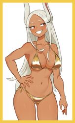 :d animal_ears ass_visible_through_thighs bare_shoulders bikini blush boku_no_hero_academia border breasts cleavage collarbone dark-skinned_female dark_skin female flowers-imh gold_bikini hand_on_own_hip highres large_breasts long_eyelashes long_hair looking_to_the_side miruko my_hero_academia navel parted_bangs rabbit_ears rabbit_girl red_eyes rumi_usagiyama side-tie_bikini_bottom smile solo stomach swimsuit teeth thighs toned usagiyama_rumi white_background white_hair yellow_border rating:Questionable score:72 user:Lovehunter89