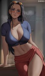 1girls black_hair blue_eyes breasts cleavage clothed dialogue english_text female female_only hi_res indoors large_breasts light-skinned_female light_skin long_hair nico_robin one_piece oroborusart post-timeskip savagexthicc text thick_thighs rating:Questionable score:189 user:Aeolus_HX