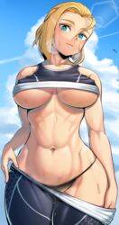 1girls abs absurdres bird black_panties blonde_hair blue_sky breasts cammy_white capcom check_commentary clothes_lift clothes_pull cloud cloudy_sky commentary commentary_request contrail curvy day female female_only fighting_game from_below green_eyes hair_between_eyes highres large_breasts looking_at_viewer looking_down max_(maxlikeapicture) maxlikeapicture muscular muscular_female navel panties pants pants_pull refraction shirt_lift sidelocks sky solo sportswear stomach street_fighter street_fighter_6 sweat tank_top underboob underwear undressing wide_hips rating:Explicit score:168 user:Ballisthick