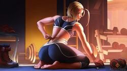 1girls ass azuma_yasuo azumaarts big_ass blonde_female blonde_hair british british_female cammy_white capcom gym looking_at_viewer medium_breasts realistic short_hair solo street_fighter street_fighter_6 thick_thighs thong thong_straps whale_tail rating:Safe score:158 user:Crcole331