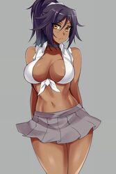 1girls artist_request bleach choker cleavage dark-skinned_female dark_skin midriff no_bra plain_background ponytail purple_hair school_uniform shihouin_yoruichi short_skirt skirt sleeveless sleeveless_shirt white_shirt yellow_eyes rating:Explicit score:123 user:Mol_D