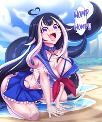 ahoge animal_ears ass beach big_ass bikini black_hair blue_eyes breasts cat_ears cleavage fangs huge_breasts indie_virtual_youtuber kneeling long_hair miniskirt nisego open_mouth outdoors school_uniform see-through shylily skirt smile swimsuit tail text very_long_hair virtual_youtuber wet_clothes whale_tail white_hair rating:Safe score:196 user:Disastermaster55