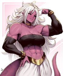 1girls abs absurdres android_21 baggy_pants black_sclera bracelet breasts cleavage clothed clothing colored colored_sclera colored_skin double_biceps_pose dragon_ball dragon_ball_fighterz elbow_sleeve female flexing hand_on_own_hip hi_res highres jewelry long_hair majin_android_21 muscular muscular_female necklace pants pink_skin pointy_ears sharp_teeth signature solo speedl00ver tail teeth white_hair rating:Safe score:149 user:meriko