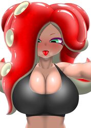 arms_in_front big_breasts blush huge_breasts looking_down looking_down_at_breasts nintendo nobunagapero octoling octoling_girl octoling_rival peronattu red_hair splatoon sweat_on_breasts sweating tank_top tentacle_hair tongue tongue_drip white_background rating:Questionable score:36 user:ILoveSitting