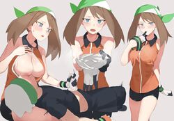 1boy absurdres bandana bike_shorts blue_eyes breast_sucking breasts brendan_(pokemon) brendan_(pokemon_emerald) brown_hair collared_shirt commission female glovejob gloves green_bandana grey_background handjob highres index_finger_raised keiz may_(pokemon) may_(pokemon_emerald) motion_blur multiple_views nursing_handjob open_mouth orange_shirt penis_in_glove pixiv_commission pokemon pokemon_(game) pokemon_emerald pokemon_rse shirt sleeveless steam straight sweat white_gloves rating:Explicit score:181 user:bot