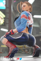 blonde_hair blue_eyes cammy_white capcom clothed gloves kanjihentai looking_back pants solo squat squatting street_fighter street_fighter_6 rating:Questionable score:48 user:KanjiHentai