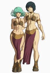 2girls abs arms_behind_back athletic_female belly_dancer belly_dancer_outfit black_hair blue_eyes bondage boots bound_together chain_leash chained chained_together cleavage collar esper_sisters female female_only femsub fit_female fubuki_(one-punch_man) green_hair harem harem_girl harem_outfit large_breasts linked_collar loincloth medium_hair multiple_girls multiple_subs one-punch_man slave slave_bikini slave_collar slave_leia_(cosplay) slave_outfit slavegirl star_wars tatsumaki yoracrab rating:Questionable score:120 user:TheKindHaremMaster