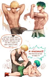 2boys abs aged_up bakugou_katsuki being_watched blonde_hair blush buff embarrassed english_text garnetquyen gay green_hair gym gym_clothes holding_leg innuendo izuku_midoriya katsuki_bakugou leg_grab leg_on_shoulder male muscles muscular muscular_male my_hero_academia red_eyes shirtless speech_bubble tank_top training yaoi rating:Explicit score:48 user:notNPC