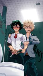 2boys anime anime_style baggy_clothing baggy_pants bathroom bathroom_stall belt blush boy cum cum_in_toilet cute deku ejaculation erect_nipples erect_penis freckles freckles_on_face gaslight gay grabbing grabbing_penis gripping izuku_midoriya izukur0t137 katsuki_bakugou male/male male_only masturbation my_hero_academia nervous pulled_down_pants semen shaking smirk tiles toilet undone_belt undone_shirt uniform yaoi rating:Explicit score:60 user:Izukur0t137