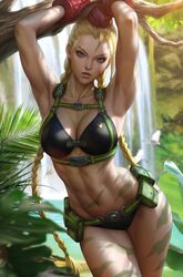 1girl 1girls abs armpits artgerm belt bikini black_bikini blonde_hair blue_eyes braid branch breasts cammy_white cleavage facial_scar female female_only fully_clothed garrison_cap harness hat highres large_breasts leg_tattoo legs_together looking_at_viewer medium_breasts official_alternate_costume parted_lips scar scar_on_cheek scar_on_face solo stanley_lau stomach_tattoo street_fighter street_fighter_v swimsuit tattoo toned twin_braids utility_belt water waterfall_tears rating:Safe score:63 user:jay5h