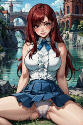 1girls ai_generated blush erza_scarlet fairy_tail panties red_hair sitting skirt smile solo tagme upskirt vertiloart white_panties rating:Explicit score:121 user:VertiloArt