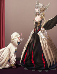 1boy 1girls all_fours alternate_costume alternate_hairstyle bangs begging_pose breasts breasts_out coat confident dress female femdom fire_emblem fire_emblem_heroes gloves grey_hair heart heavy_breathing indoors kiran_(fire_emblem) kiran_(fire_emblem)_(male) kneeling long_sleeves male malesub nintendo nipples official_alternate_costume official_alternate_hairstyle princess red_eyes royalty saikunartworks saliva short_hair small_breasts smile tongue tongue_out veronica_(fire_emblem) veronica_(princess_rising)_(fire_emblem) wings rating:Questionable score:27 user:kris923