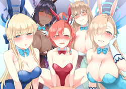 1boy 5girls absurdres adjusting_eyewear akane_(blue_archive) akane_(bunny)_(blue_archive) animal_ears asuna_(blue_archive) asuna_(bunny)_(blue_archive) bare_shoulders black_hair black_leotard blonde_hair blue_archive blue_eyes blue_leotard blue_pantyhose blush braid breasts brown_eyes brown_hair cleaning_&_clearing_(blue_archive) cleavage closed_mouth collar collarbone dark-skinned_female dark_skin fake_animal_ears fffffm_sixsome fishnet_pantyhose fishnets glasses gloves hair_over_one_eye half-closed_eyes halo highres indoors karin_(blue_archive) karin_(bunny)_(blue_archive) large_breasts leotard light-skinned_female light-skinned_male light_skin long_hair looking_at_viewer matching_hair/eyes millennium_science_school_student multiple_girls neru_(blue_archive) neru_(bunny)_(blue_archive) open_mouth pantyhose playboy_bunny rabbit_ears red_eyes red_hair red_leotard short_hair side_braid sidelocks sixsome small_breasts smile spread_legs standing toba_tsutsumi toki_(blue_archive) toki_(bunny)_(blue_archive) upper_body white_gloves white_leotard rating:Questionable score:95 user:LeEpicMochi