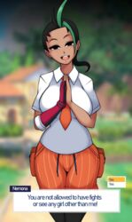 1girls alternate_breast_size black_hair breasts brown_skin dialogue english_text female game_ui hi_res large_breasts long_hair nemona_(pokemon) nintendo pokemon pokemon_sv saltyxodium school_uniform schoolgirl text_box thick_thighs wide_hips yandere rating:Questionable score:284 user:Aeolus_HX