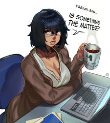 at_work big_breasts black_hair breasts business_casual cleavage coffee coffee_mug computer eigaka files glasses japanese judge_eyes lawyer messy_hair saori_shirosaki sitting text yakuza rating:Questionable score:186 user:ThiccRoboi