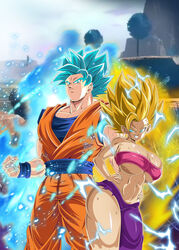 1boy 1girls blonde_hair blue_aura blue_hair bluegraves breasts caulifla dragon_ball dragon_ball_super electricity female_saiyan male_saiyan son_goku super_saiyan_2 super_saiyan_blue universe_6/universe_7 universe_6_saiyan/universe_7_saiyan rating:Questionable score:44 user:Sadisekai129