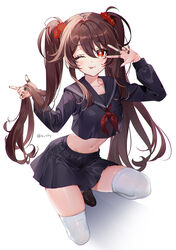 1girls brown_hair clothing female female_only fully_clothed genshin_impact hu_tao_(genshin_impact) k_rity midriff navel peace_sign red_eyes school_uniform skirt thick_thighs thighhighs twintails rating:Questionable score:124 user:Monalicious