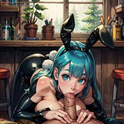 1boy 1girls ai_generated ass_up bangs bending_forward bending_over blue_eyes blue_hair blush breasts bulma_(bunny) bulma_briefs bunny_ears dragon_ball eyebrows eyelashes fake_animal_ears fellatio female indoors large_penis light-skinned_male lips looking_at_viewer oral penis playboy_bunny pov straight tagme tavern vertiloart rating:Explicit score:233 user:VertiloArt