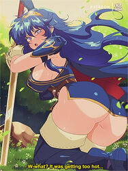 1girls ass blue_eyes blue_hair bluethebone boots breasts cape covered_nipples english_text falchion_(fire_emblem) female female_only fire_emblem fire_emblem_awakening forest hair_between_eyes kneeling large_ass large_breasts long_hair looking_at_viewer looking_back lucina_(fire_emblem) nintendo no_panties open_mouth outdoors retro_artstyle rock sideboob solo sweat sword symbol-shaped_pupils text thick_thighs thigh_boots too_hot tree weapon rating:Questionable score:48 user:kris923