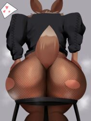 2023 3:4 anthro ass big_butt bodily_fluids brown_body butt_focus clothing digital_media_(artwork) eevee female fishnet fishnet_legwear generation_1_pokemon hand_on_butt hi_res legwear nintendo pokemon pokemon_(species) sana!rpg solo sweat tail wide_hips rating:Explicit score:113 user:bot