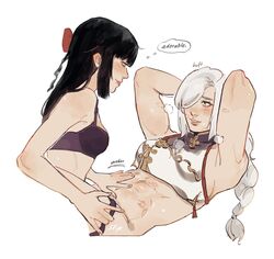 2girls abs black_hair crop_top femdom femsub genshin_impact gentle_femdom happy_sub lipstick_mark lots_of_lipstick_marks muscular muscular_female muscular_sub romantic shenhe_(genshin_impact) silver_hair small_dom_big_sub spicyrato touching_abs undressing white_hair wholesome yun_jin_(genshin_impact) yuri rating:Questionable score:161 user:fafefifos