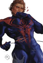  ambiguous_gender blood bulge charluiu hand_on_thigh hispanic_male horny latino miguel_o'hara scratch_marks skintight_bodysuit small_waist spider-man:_across_the_spider-verse spoken_heart tagme  rating:explicit score: user:vampirekitty