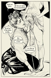 black_and_white bloomers_(victorian) boots comic edwardian gibson_girl hatching_(art) high_heel_boots imminent_oral kneeling lifting_skirt measuring_tape pussy retro_artstyle seamstress skirt_lift speech_bubble stockings wintonkidd yuri rating:Explicit score:56 user:VelmaFan