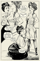 black_and_white bloomers_(victorian) boots breasts cleavage comic corset edwardian freckles gibson_girl hatching_(art) high_heel_boots kneeling measuring_tape nipples retro_artstyle seamstress undressing wintonkidd yuri rating:Explicit score:36 user:VelmaFan