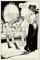 ass bent_over black_and_white bloomers_(victorian) comic corset edwardian freckles gibson_girl hatching_(art) high_heel_boots measuring_tape pussy retro_artstyle seamstress stockings undressing wintonkidd yuri rating:Questionable score:26 user:VelmaFan