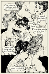 black_and_white blush cleavage comic corset edwardian freckles gibson_girl hatching_(art) measuring_tape moaning retro_artstyle seamstress undressing wintonkidd yuri rating:Explicit score:28 user:VelmaFan