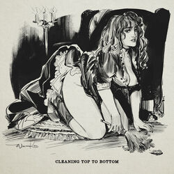 ass beauty_mark black_and_white boots breasts breasts_out caption cleaning feather_duster gibson_girl hatching_(art) kneeling looking_at_viewer maid maid_uniform nipple_slip retro_artstyle skirt_aside text thick_thighs thighs unbuttoned wintonkidd rating:Questionable score:43 user:VelmaFan