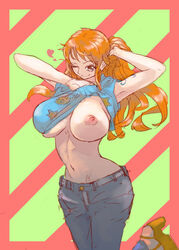 1girls areolae belly_button big_breasts breast_focus breasts busty curvy exposed_breasts exposing female female_only gura1elizabeth jeans long_hair nami nipples one_breast_out one_piece orange_hair pants post-timeskip presenting shirt shirt_lift solo toned toned_female wink rating:Explicit score:165 user:lespam_605