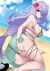 1girls alternate_costume alternate_hairstyle anklet ass bare_legs beach bikini blue_sky bracelet breasts camilla_(fire_emblem) fe135700 feet_out_of_frame female female female_only fire_emblem fire_emblem_fates flower gold_bikini gold_swimsuit green_sarong hair_flower hair_ornament hair_over_one_eye high_heels highres jewelry large_breasts long_hair looking_at_viewer looking_back low-tied_long_hair nintendo ocean outdoors purple_eyes purple_hair red_flower sand sarong sky smile solo swimsuit thigh_strap thighs very_long_hair yellow_bikini yellow_swimsuit rating:Questionable score:45 user:kris923