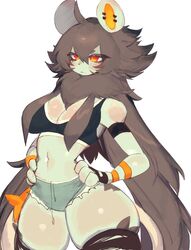 anthro anthro_only anthrofied black_fur black_hair blank_background blush blush_lines blushed breasts cleavage clothed clothing female fur furry furry_ears furry_female furry_only furry_tail hourglass_figure luxio navel nintendo paws plain_background pokemon pokemon_(species) short_shorts shorts solo sports_bra thick thick_ass thick_hips thick_legs thick_thighs thighhighs torn_thighhighs usa37107692 white_background rating:Questionable score:76 user:TemmieToga