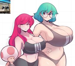 2023 2girls alternate_breast_size big_breasts blank_background blue_hair breasts chibi ferdinandus glasses green_hair huge_boobs huge_breasts large_boobs large_breasts long_hair mario_(series) medium_support_(meme) meme meme_attire meme_clothing nintendo pink_hair plain_background red_hair short_hair short_hair_female size_difference sports_bra toad_(mario) top_heavy white_background rating:Explicit score:97 user:TemmieToga