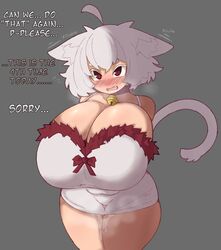 animal_ears blush breasts_bigger_than_head catgirl clothing huge_breasts imminent_sex leaking_pussy red_eyes requested_sex tail text vammzu wet_pussy white_hair rating:Questionable score:290 user:Flake456