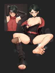 armpits arms_behind_head bare_shoulders beeeeen belt black_eyes black_jacket boruto:_naruto_next_generations boruto:_two_blue_vortex breasts choker commentary cum cum_on_body cum_on_feet disembodied_penis dual_persona elbow_gloves female forehead_protector glasses gloves headband highres jacket konohagakure_symbol korean_commentary licking_lips looking_at_viewer medium_breasts mixed-language_commentary naruto naruto_(series) nipple_piercing nipple_tag nipples off_shoulder one_breast_out open_clothes open_jacket panties panty_peek parted_lips penis piercing red-framed_eyewear sarada_uchiha sharingan shirt shoes shoes_removed short_hair short_shorts shorts single_bare_leg single_shoe steaming_body strapless strapless_shirt testicles toeless_footwear toes tongue tongue_out tube_top uchiha_sarada uchiha_symbol underwear upshorts variant_set zipper zipper_pull_tab rating:Explicit score:190 user:bot