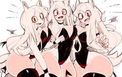 3girls big_breasts black_leotard blush bunnysuit cerberus_(helltaker) choker dog_ears female helltaker leotard red_eyes smile tagme thick_thighs thighhighs usa37107692 voluptuous white_hair wide_hips rating:Questionable score:283 user:78423