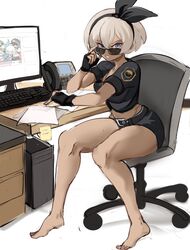 1girls barefoot bea_(pokemon) belt black_crop_top black_shorts blue_eyes chair computer computer_keyboard computer_monitor crop_top desk fingerless_gloves gloves grey_hair hairband keyboard looking_at_viewer nintendo office office_chair office_desk papers phone pokemon_ss police police_uniform policewoman rakeemspoon short_hair shorts sitting tagme rating:Explicit score:98 user:TwistyTurnip