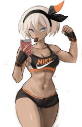 1girls bea_(pokemon) blue_eyes chocolate dark-skinned_female fingerless_gloves flexing gloves grey_hair gym_clothes gym_uniform hairband looking_at_viewer nintendo phone pokemon_ss rakeemspoon selfie short_hair solo solo_female white_background wide_hips rating:Explicit score:113 user:TwistyTurnip