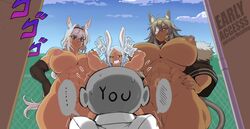 3girls abs animal_ears big_breasts big_penis bunny_ears caenis_(fate) cat_ears cat_tail crossover dark-skinned_female dark_skin fate/grand_order fate_(series) ghislaine_dedoldia god_i_wish_that_were_me grey_hair horse_ears horse_girl jojo_reference metalling miruko muscles muscular muscular_female mushoku_tensei my_hero_academia nipples nude pussy red_eyes rumi_usagiyama scar white_hair rating:Explicit score:94 user:Vardigiil