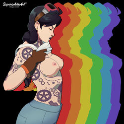 1female 1girls areolae areolae_piercing big_breasts black_hair black_lipstick breasts brown_eyes busty cleavage clothed clothed_female curvy ear_piercing female fortnite full_body_tattoo gloves headgear jules_(fortnite) leather_gloves light-skinned_female light_skin long_hair looking_down nipple_piercing nipple_piercings nipples nose_piercing nose_ring piercings pink_goggles pulling_up_shirt revealing revealing_breasts solo superaxlart tattoo tattooed white_crop_top white_top rating:Explicit score:55 user:mtndewingman