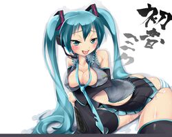 aqua_hair blush breast_hold breasts cleavage detached_sleeves hatsune_miku imazon long_hair microphone necktie open_clothes open_shirt oppai panties shimapan shirt side-tie_panties sitting skirt smile striped striped_panties thighhighs tied_hair tongue twintails underwear vocaloid rating:Questionable score:20 user:bot